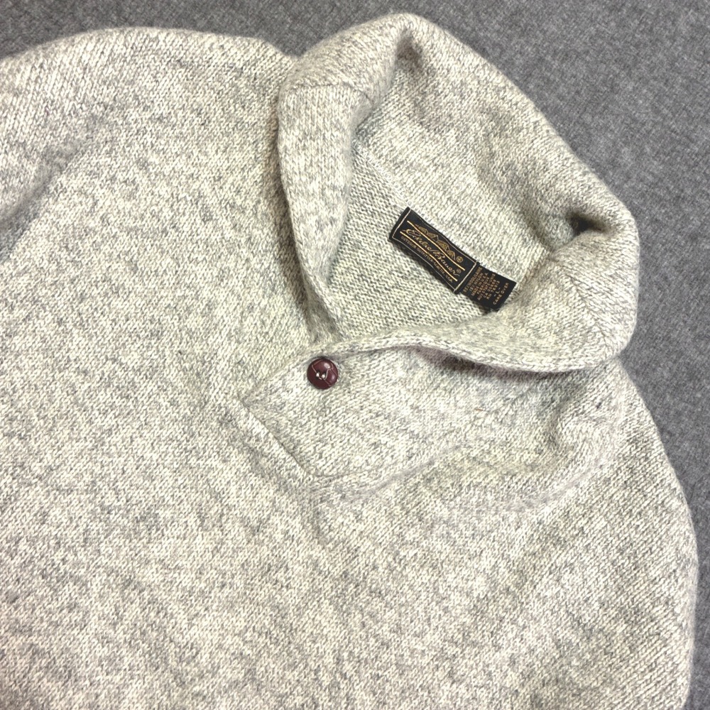 Eddie Bauer Shawl Neck Sweater Mens L Gray Wool Blend‎ Pullover Vintage USA